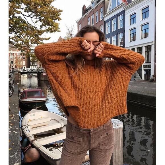 Free People Tan Alpaca Oversized Wide Sleeve Funnel Neck Chunky Sweater L - Picture 1 of 7